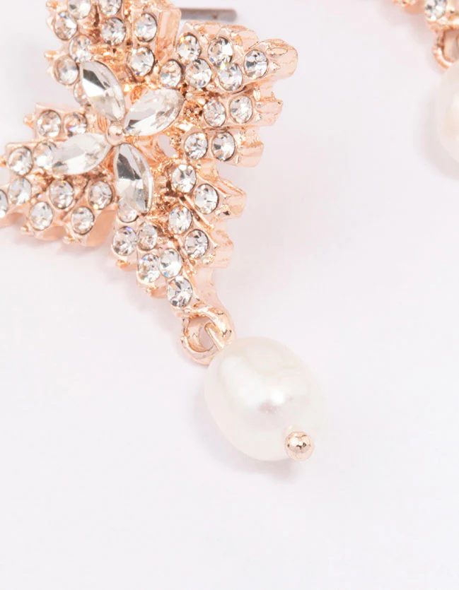 Rose Gold Freshwater Pearl Diamante Drop Earrings - Image 2