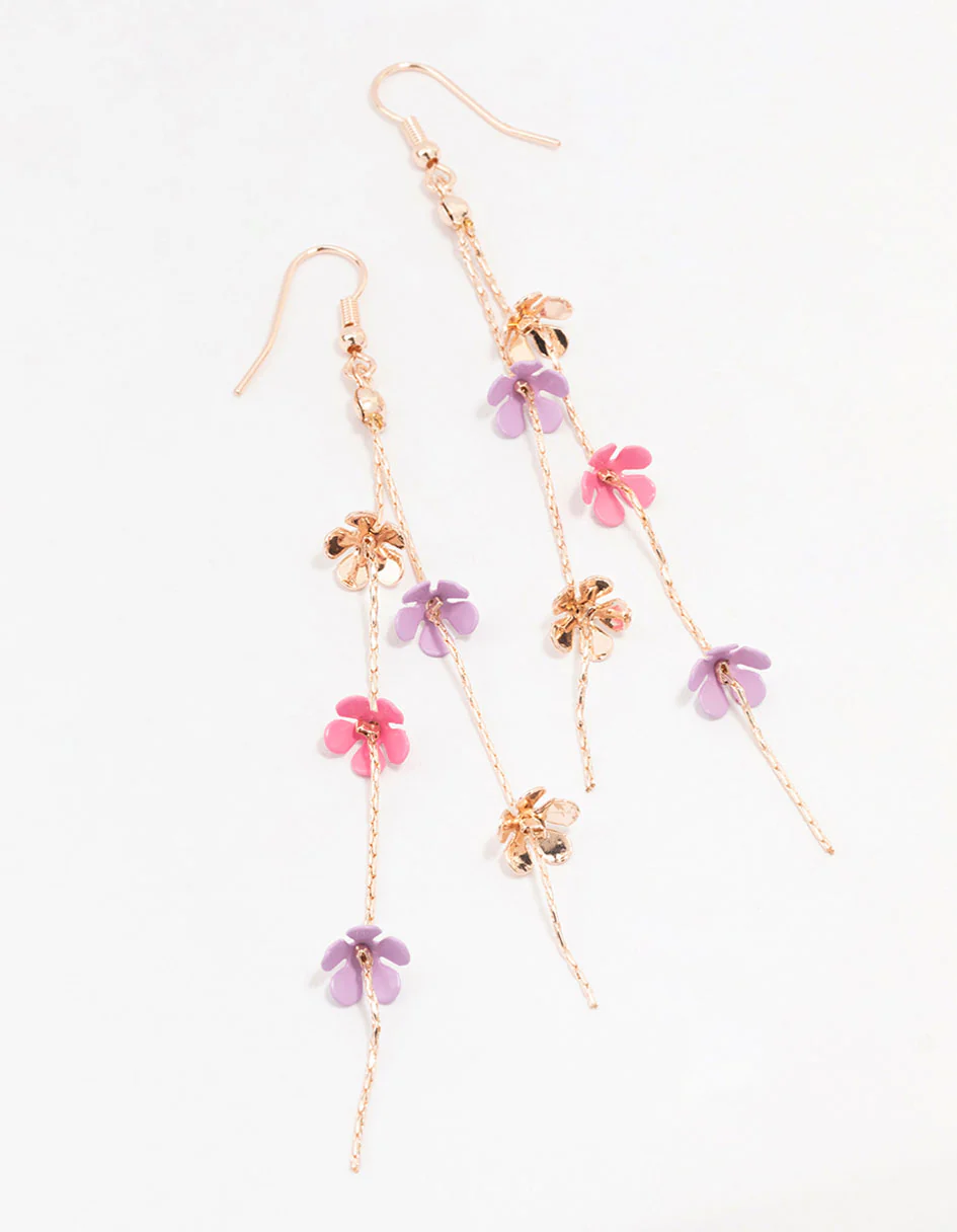 Rose Gold Multi-Coloured Flower Chain Drop Earrings