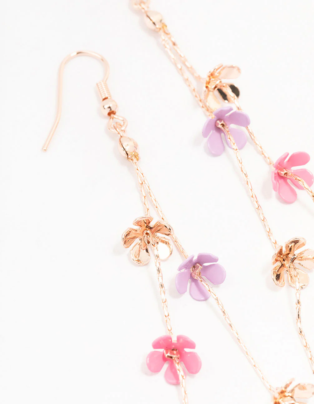 Rose Gold Multi-Coloured Flower Chain Drop Earrings - Image 2