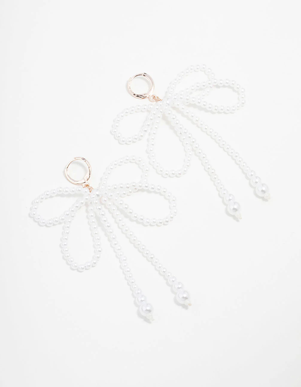Rose Gold Pearl Bow Huggie Drop Earrings