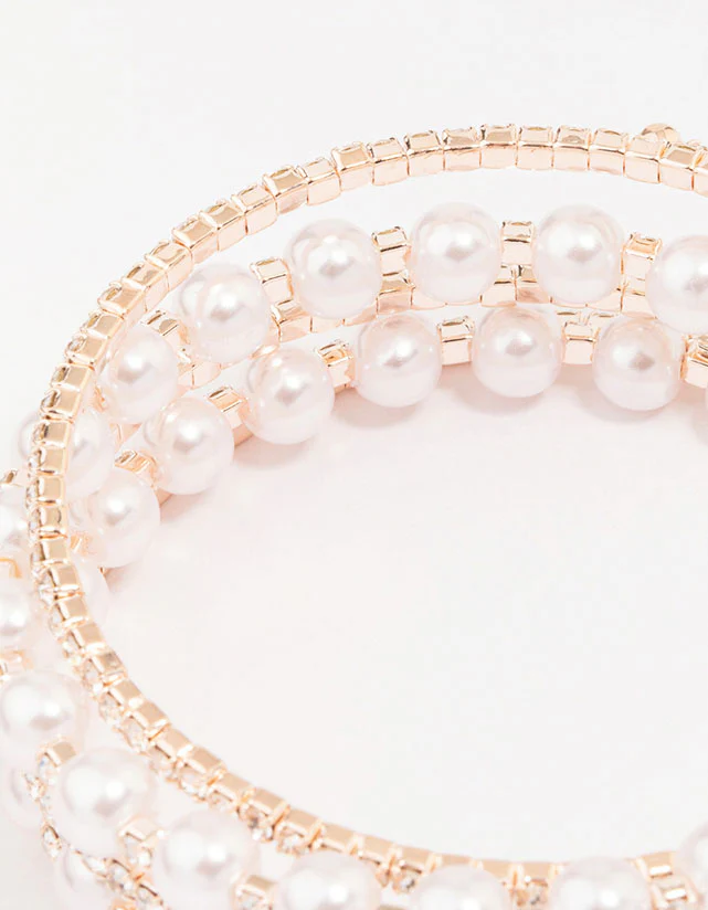 Rose Gold Pearl & Diamante Wrapped Bracelet - Image 3