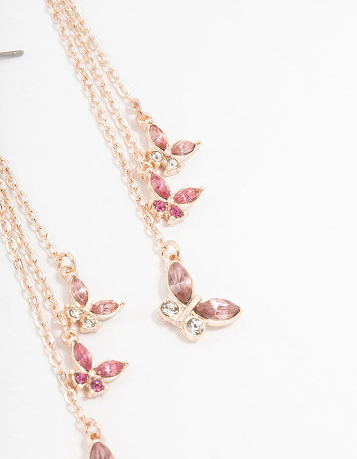 Rose Gold Pink Butterfly Diamante Drop Earrings - Image 3