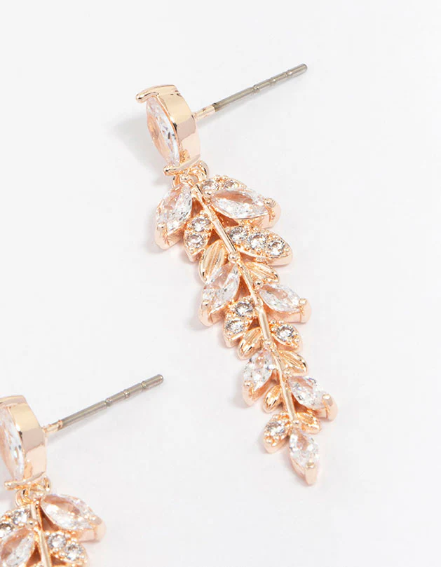 Rose Gold Plated Cubic Zirconia Dainty Leaf Drop Earrings - Image 3
