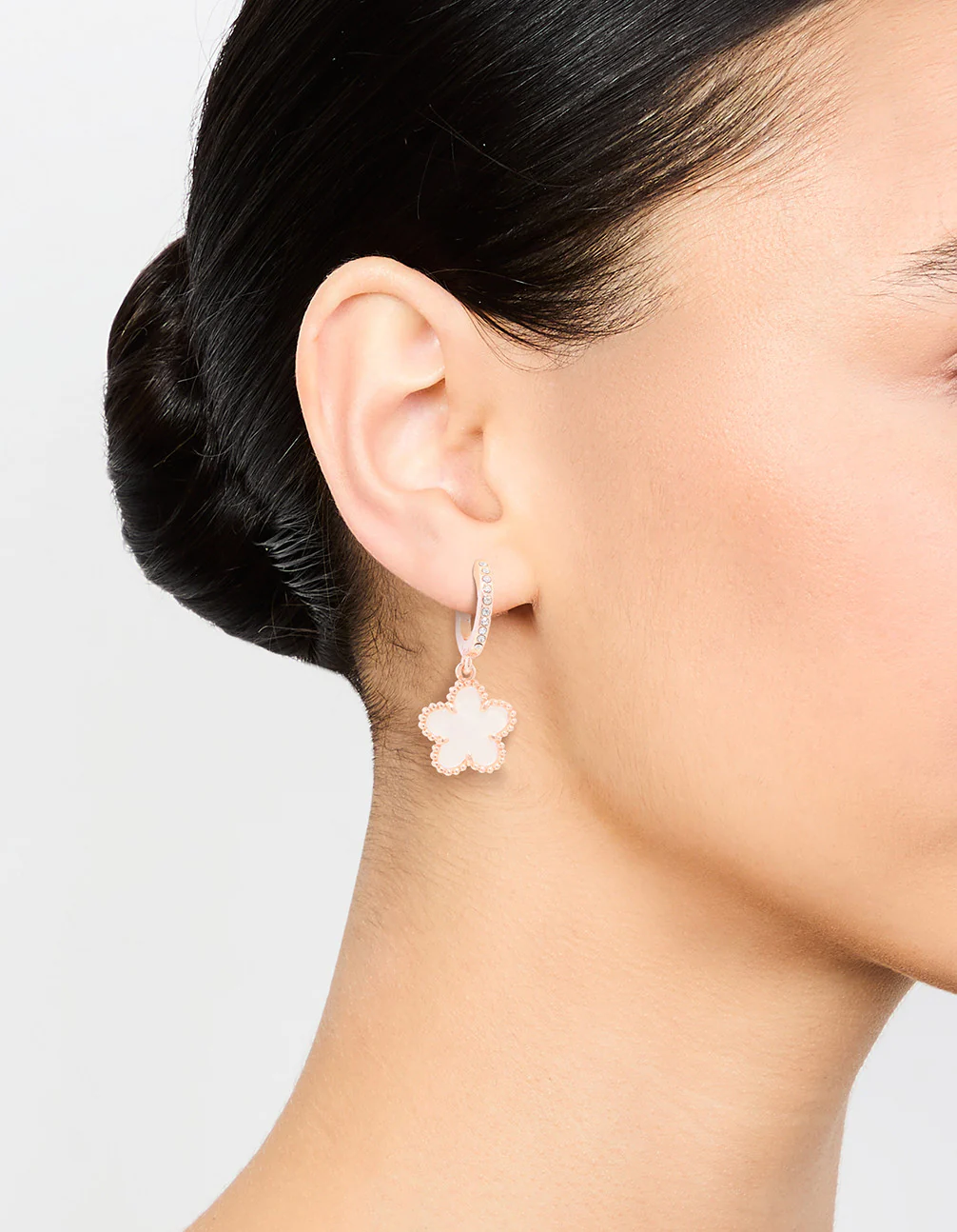 Rose Gold Plated Diamante Flower C Hoop Earrings - Image 3