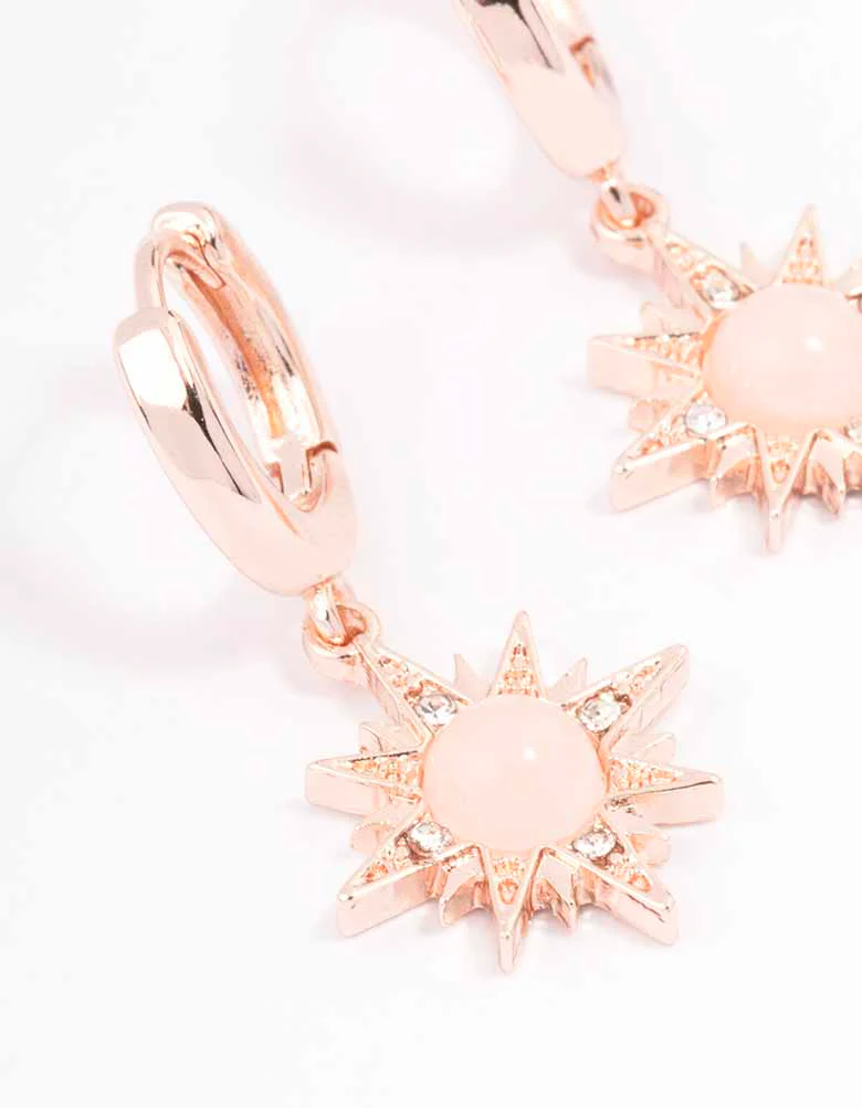 Rose Gold Rose Quartz Starburst Huggie Earrings - Image 2