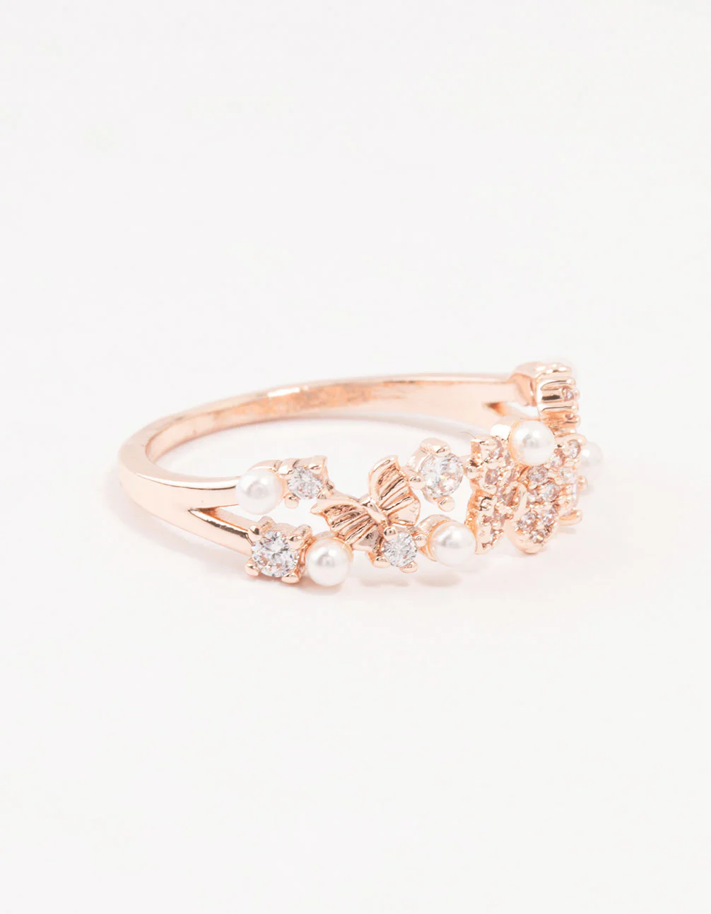 Rose Plated Gold Butterfly Pearl Band Ring