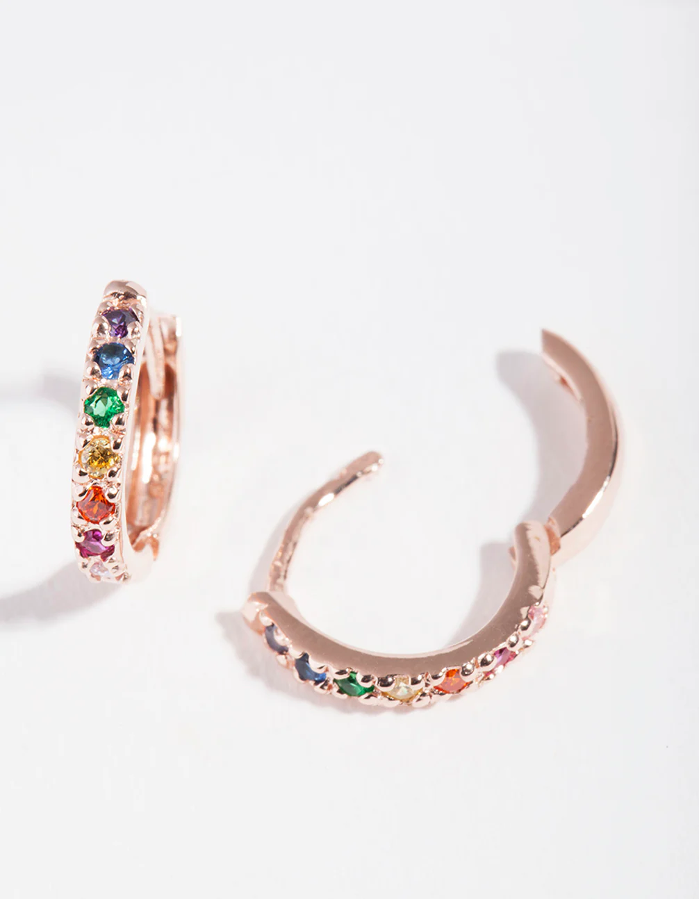 Rose Gold Plated Sterling Silver Rainbow Diamante Huggie Earrings - Image 3