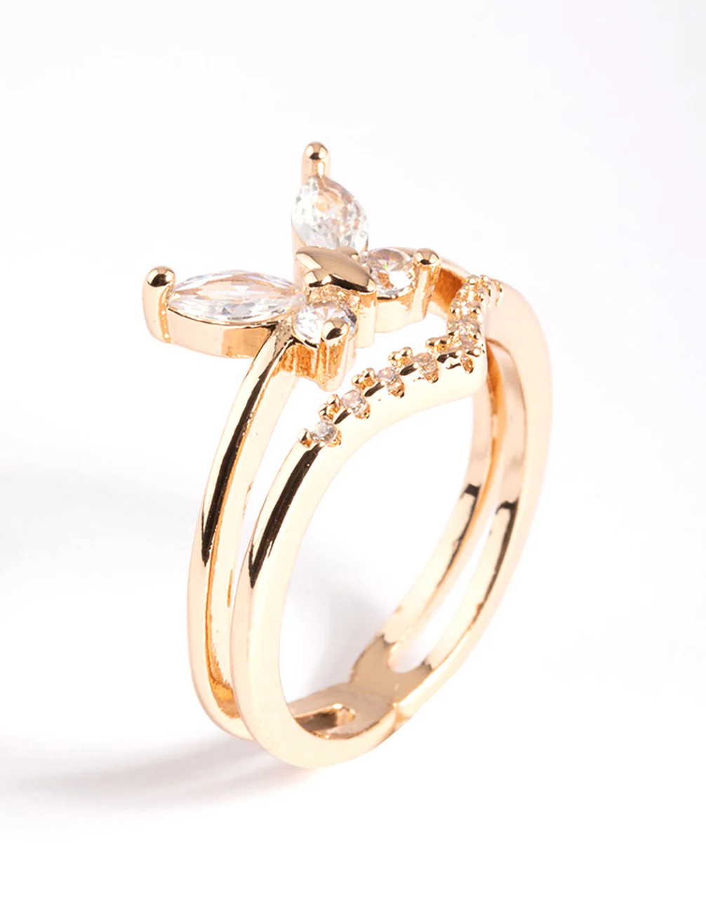 Gold Cubic Zirconia Butterfly Double Band Ring - Image 5