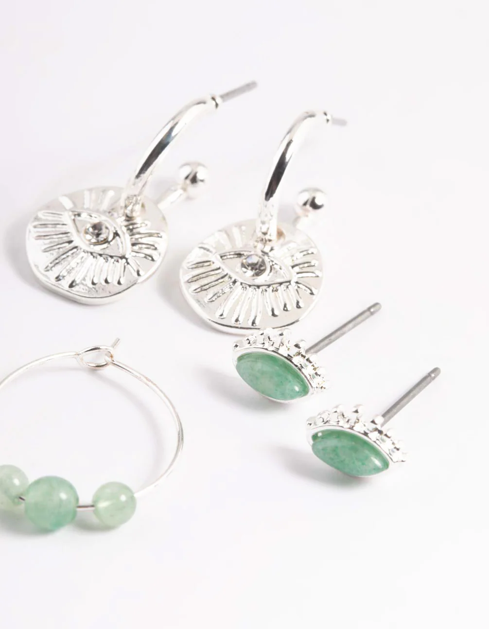 Silver Green Fluorite Evil Diamante Stick Earrings - Image 4