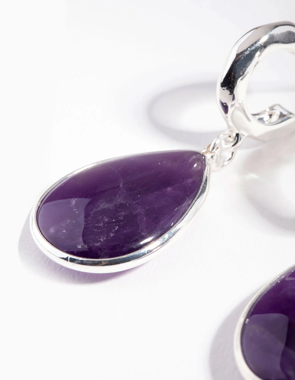 Silver Deep Amethyst Stone Teardrop Hoop Earrings - Image 3