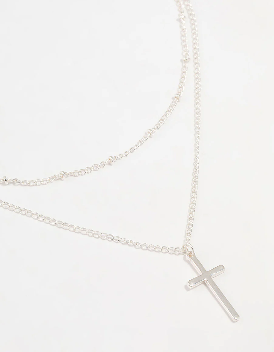 Silver Ball Chain Cross Layered Necklace