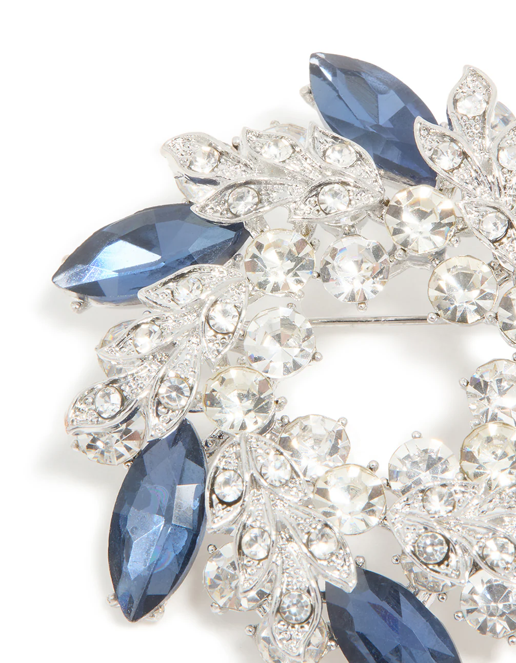 Silver Blue & Clear Diamante Leaf Wreath Brooch - Image 2