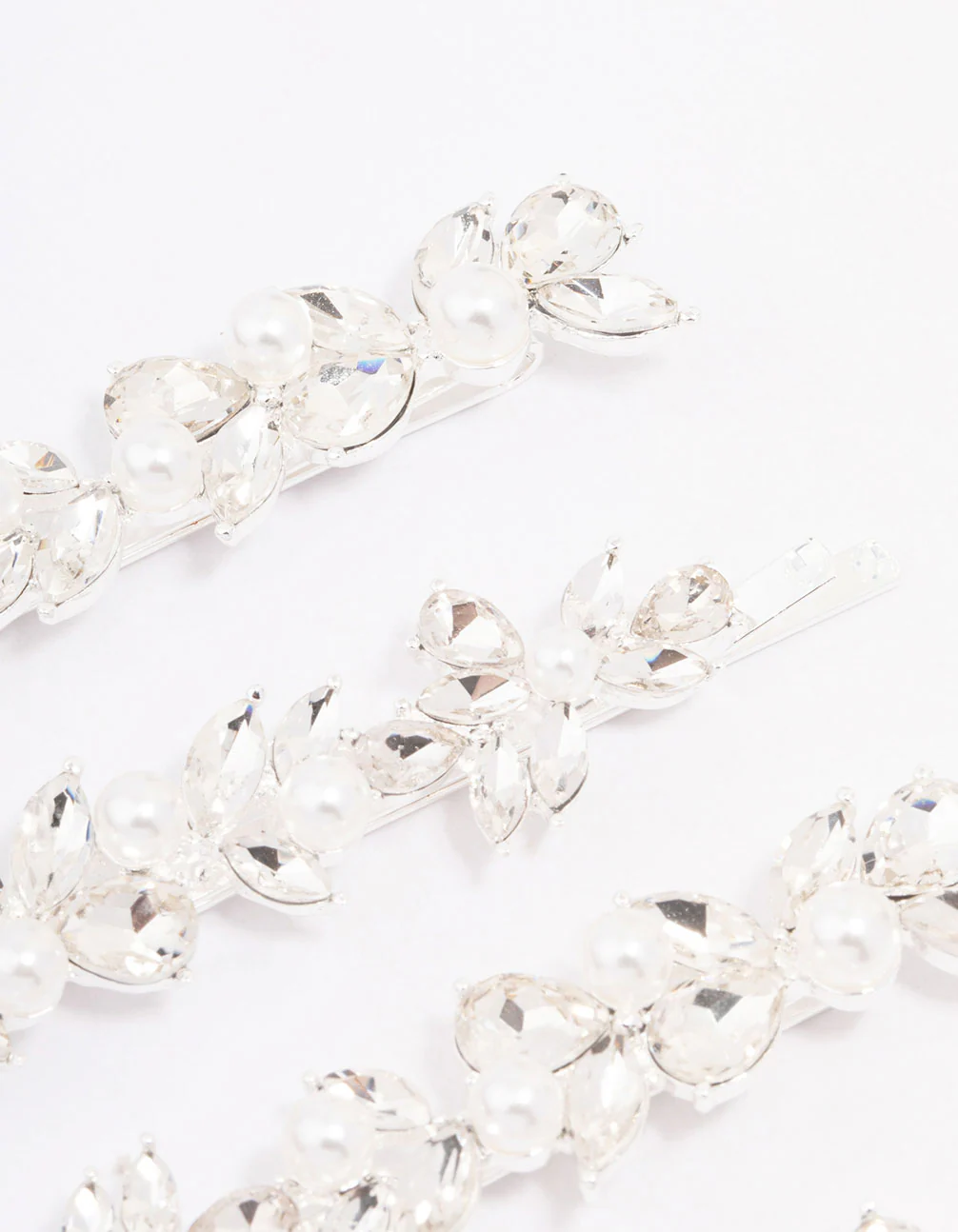 Silver Crystal & Pearl Leaf Hair Clip 4-Pack - Image 2
