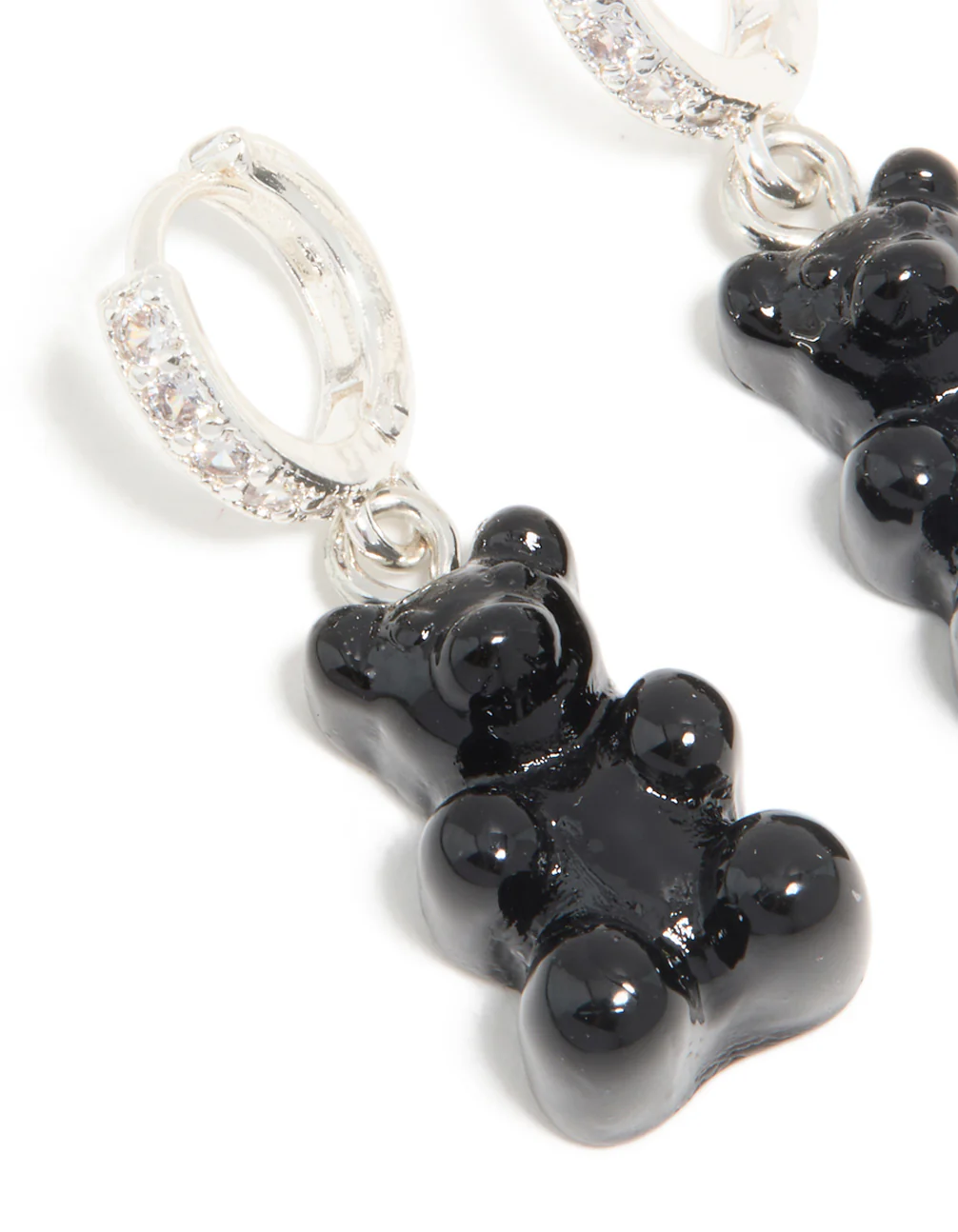 Silver Cubic Zirconia & Black Teddy Bear Huggie Earrings - Image 4