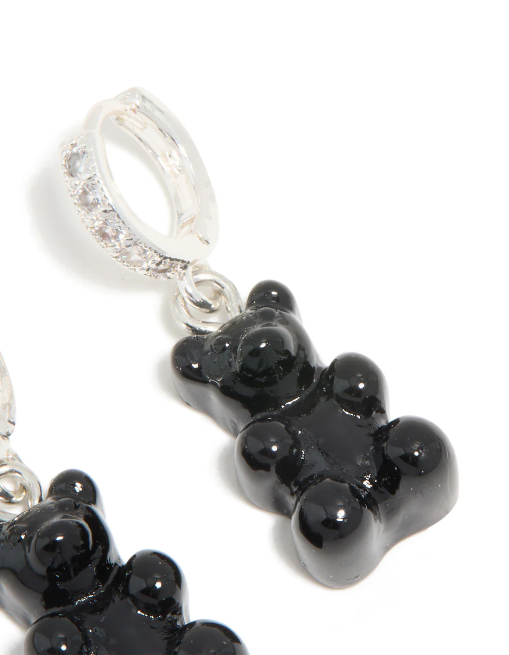 Silver Cubic Zirconia & Black Teddy Bear Huggie Earrings - Image 5