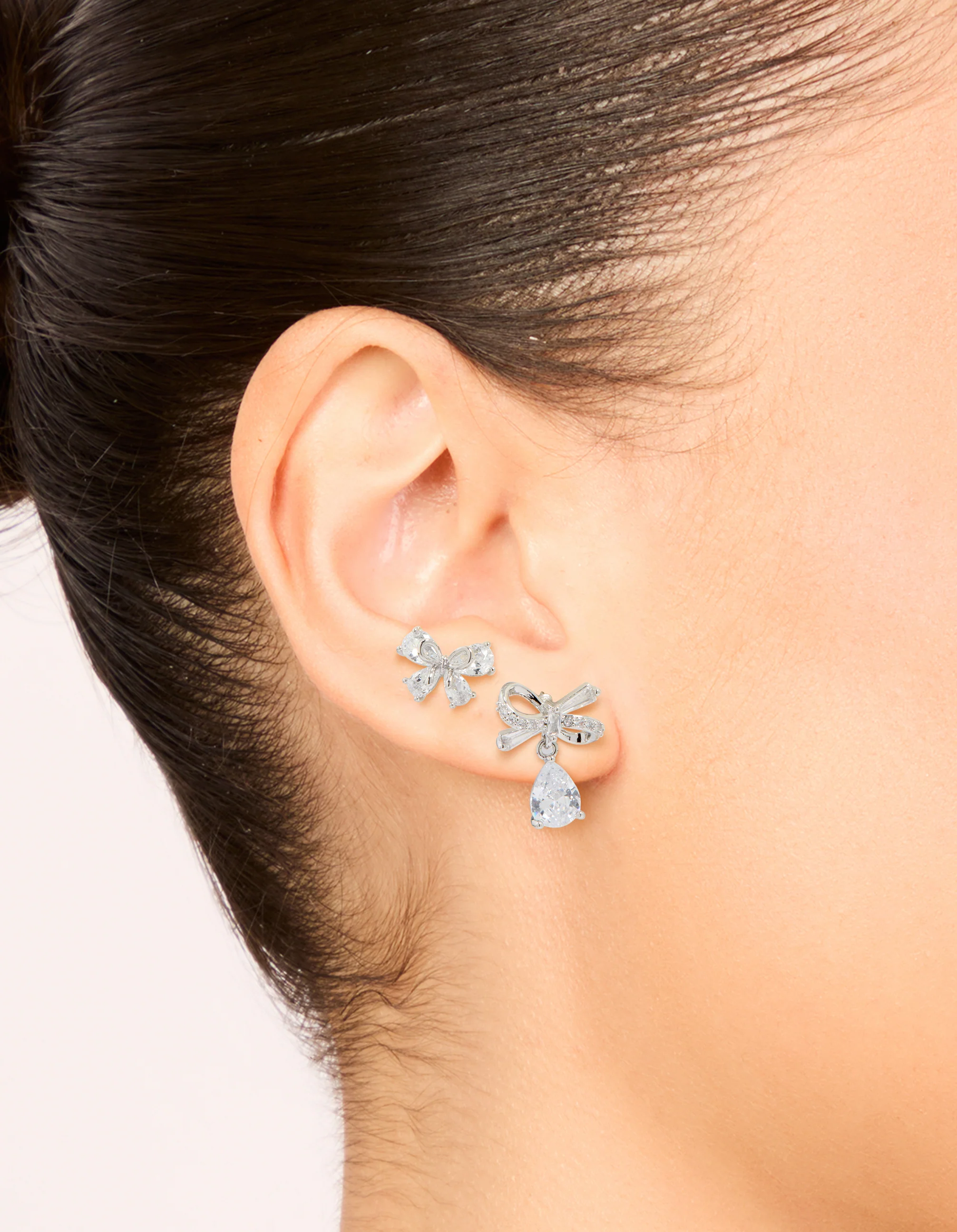 Silver Cubic Zirconia Bow Earrings 2-Pack - Image 2