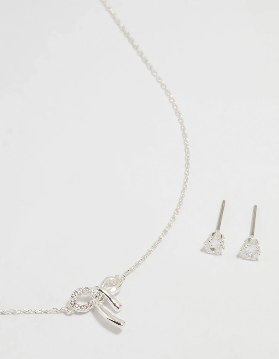 Silver Cubic Zirconia Bow Necklace & Earrings Set