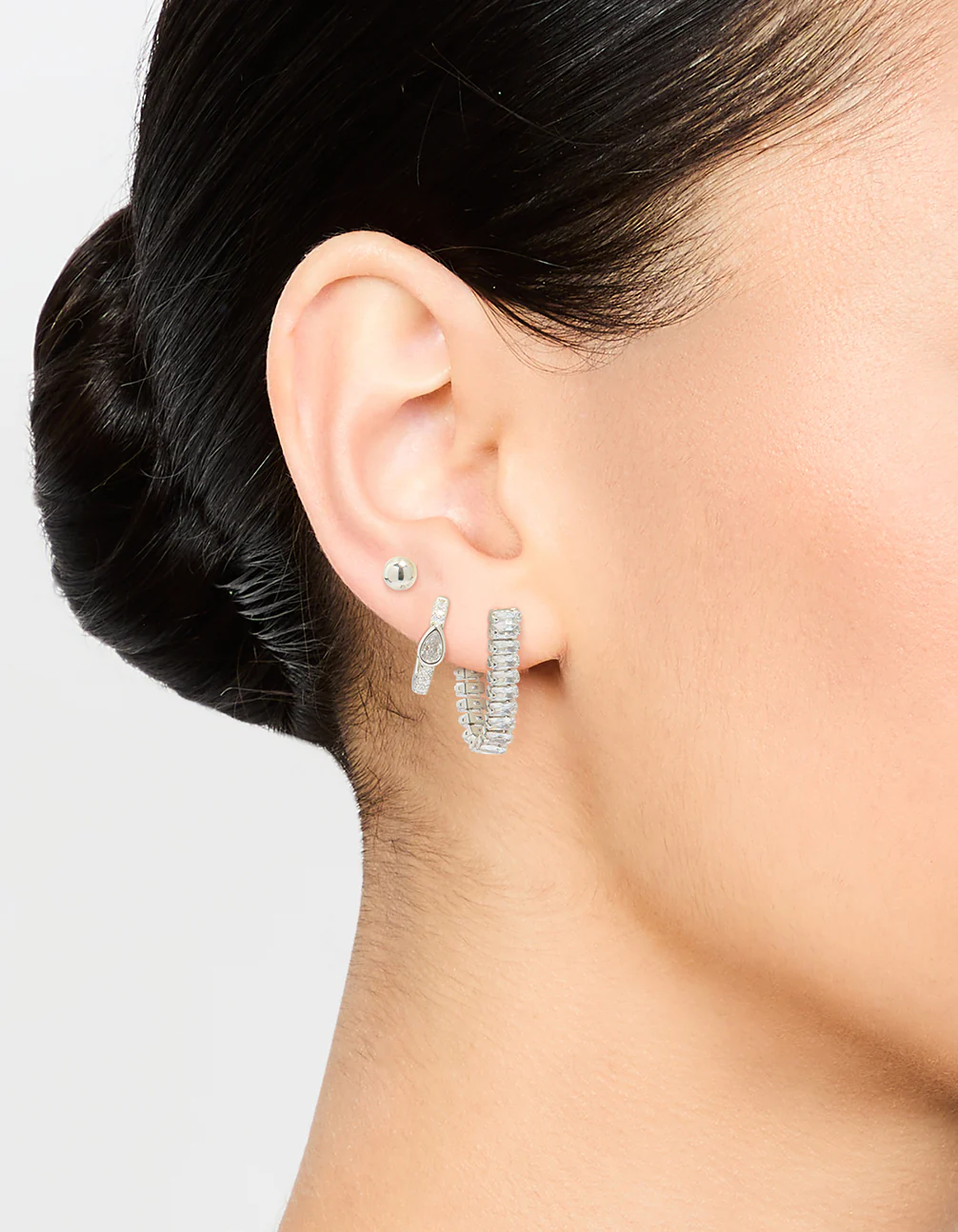Silver Cubic Zirconia Chain & Sleek Stud Earrings 3-Pack - Image 2