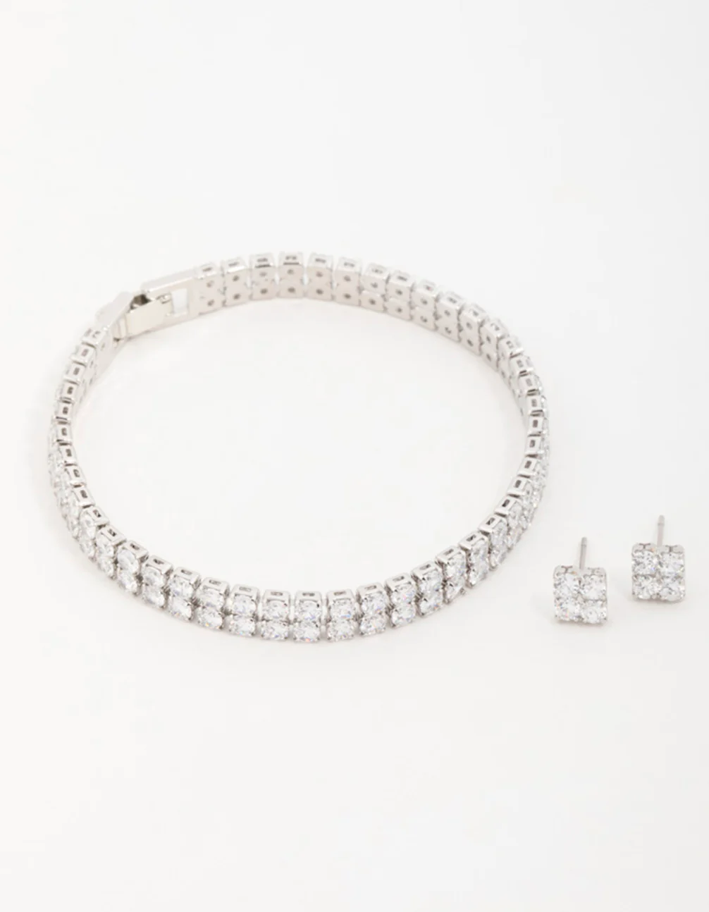 Silver Cubic Zirconia Flower Earrings &  Tennis Bracelet Set
