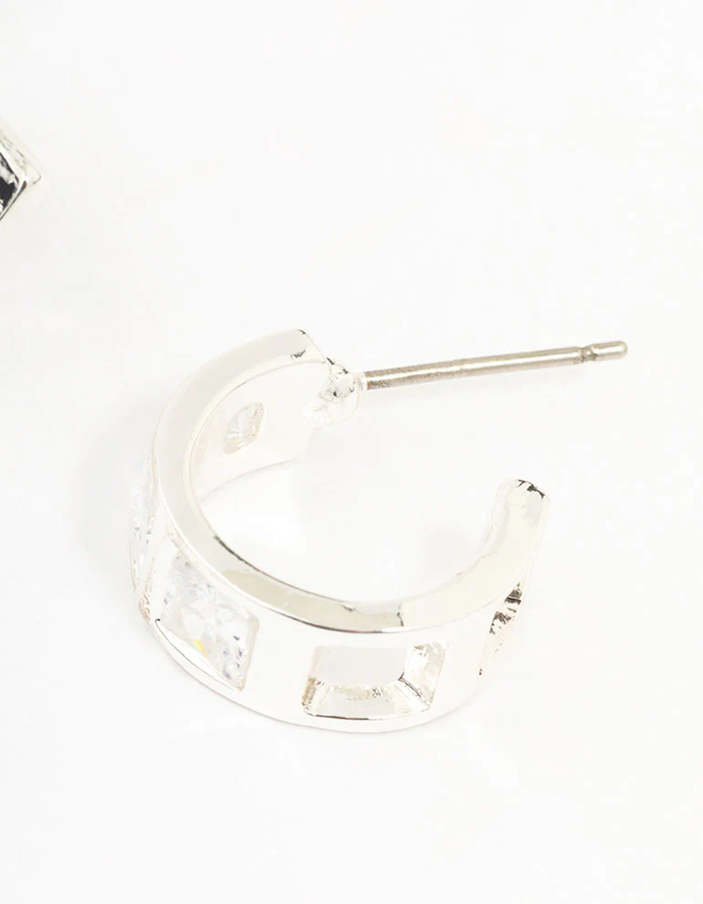 Silver Cubic Zirconia Square Chunky Hoop Earrings - Image 3
