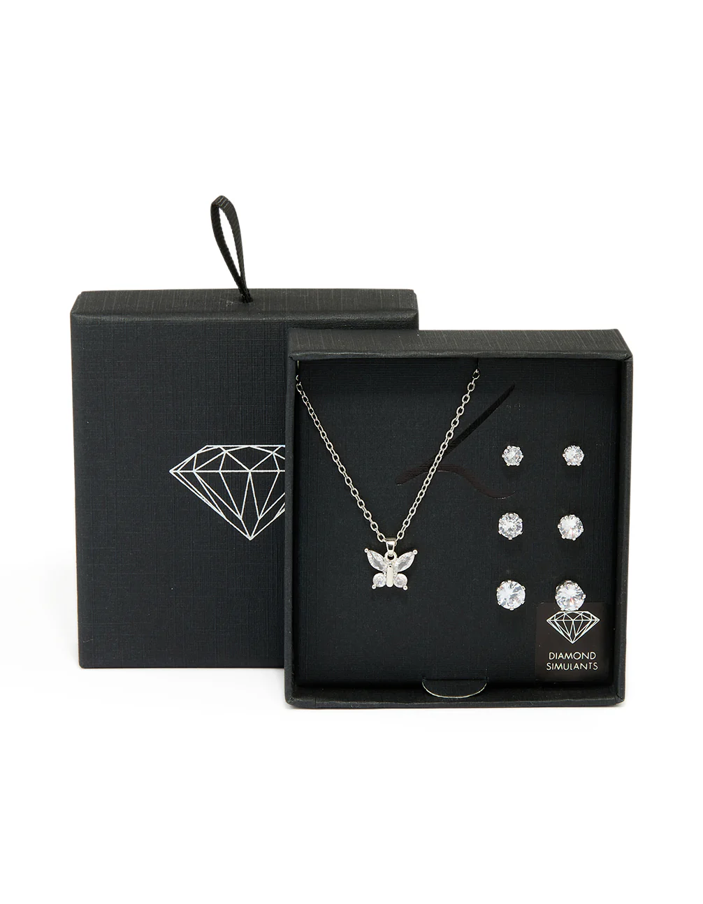 Silver Diamante Butterfly Necklace & Stud Earrings 3-Pack Set - Image 3