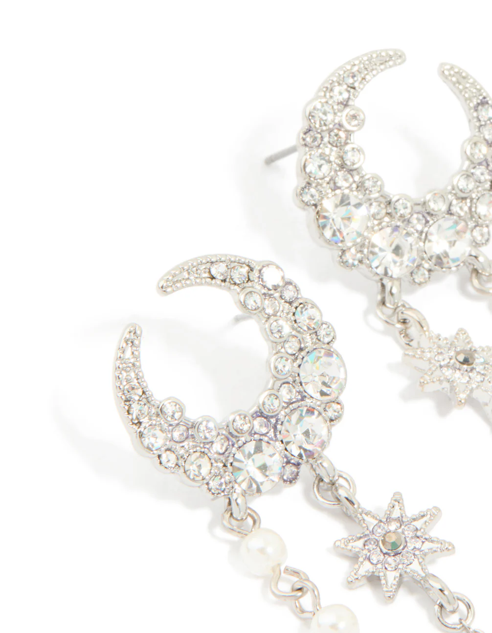 Silver Diamate & Pearl Celestial Drop Earrings - Image 4
