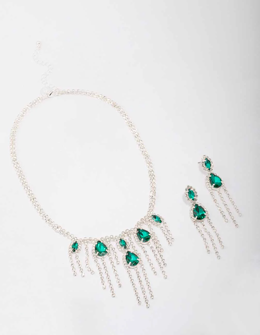 Silver Emerald & Diamante Drop Jewellery Set