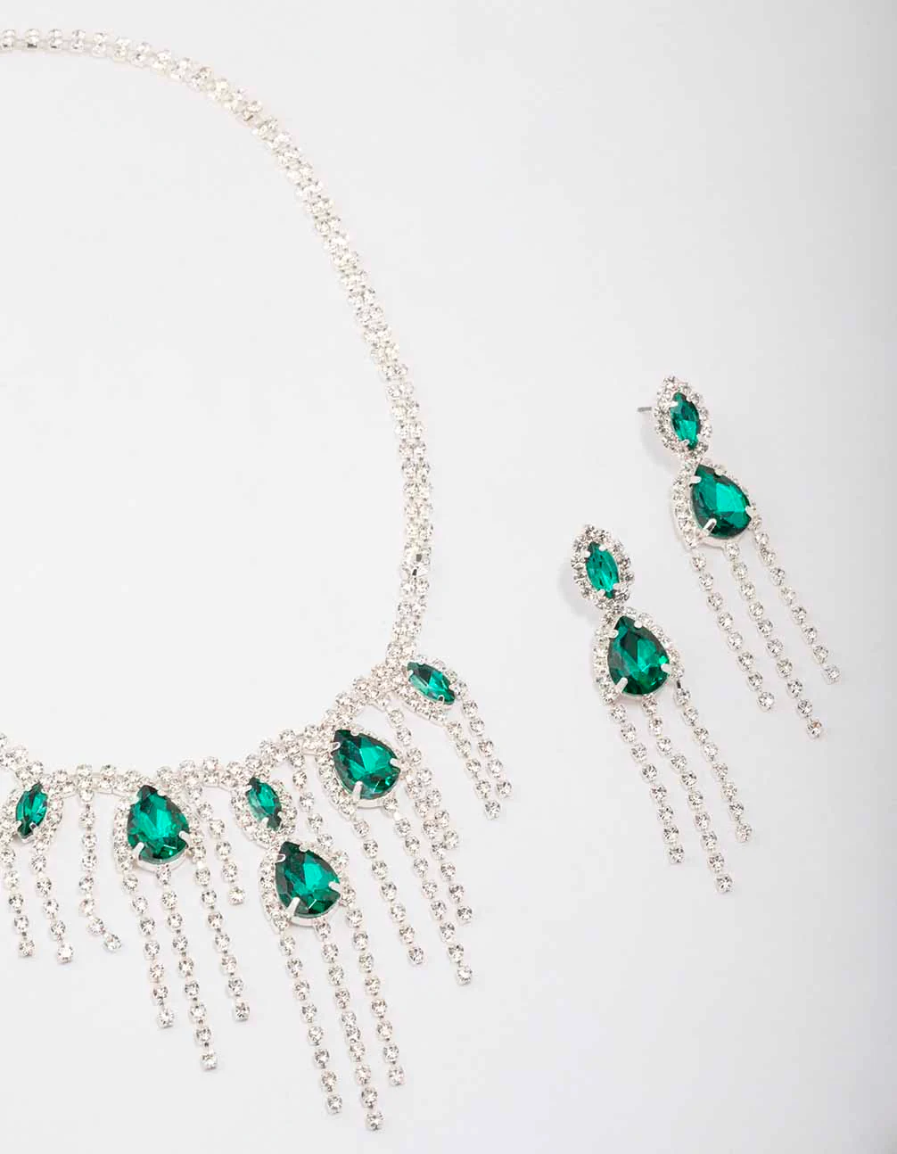 Silver Emerald & Diamante Drop Jewellery Set - Image 2