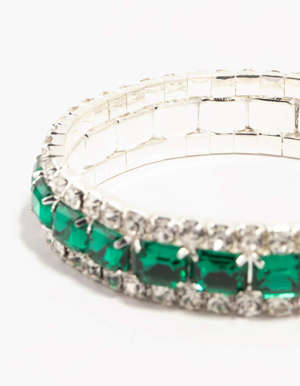 Silver & Green Diamante Cup Chain Stretch Bracelet - Image 3