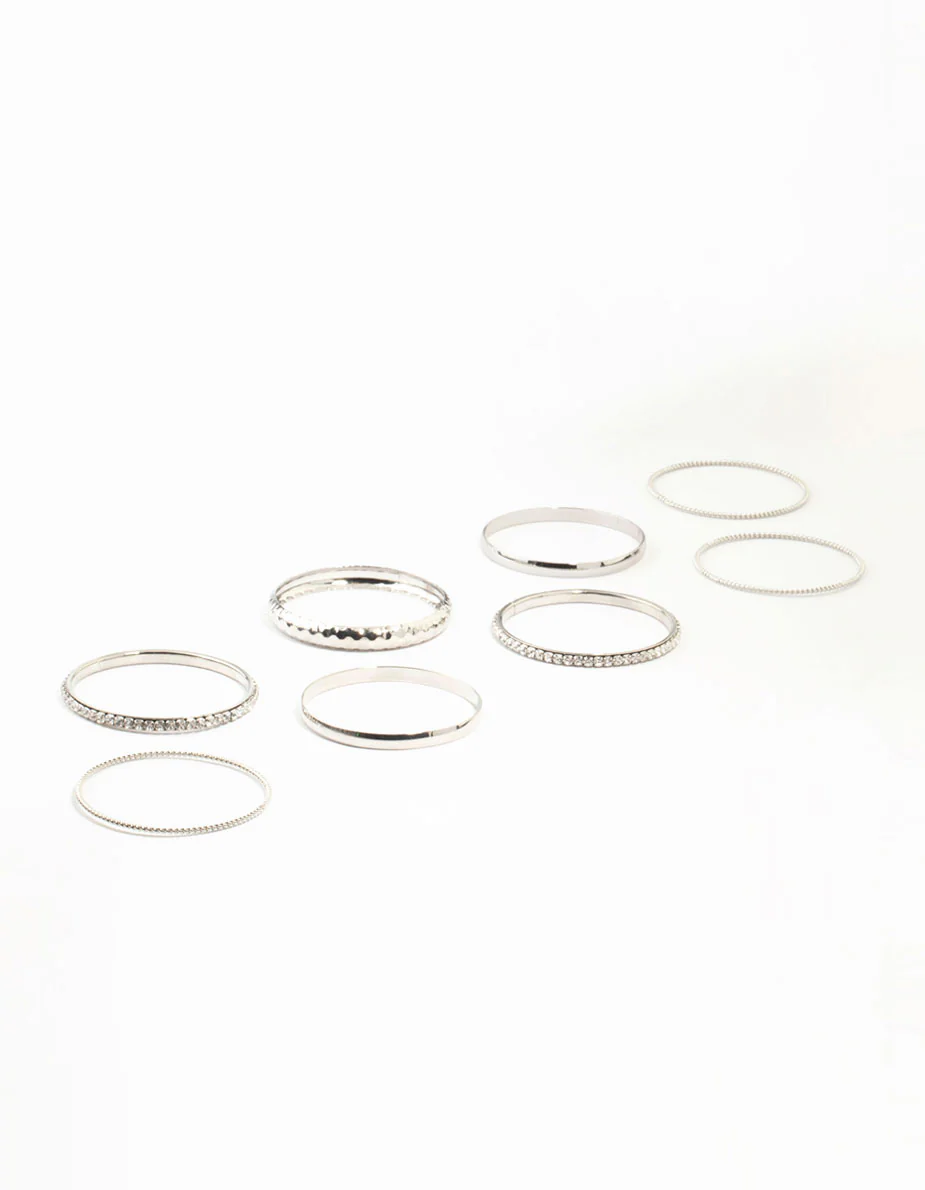 Silver Hammered Diamante Bangle & Stretch Bracelets 8-Pack