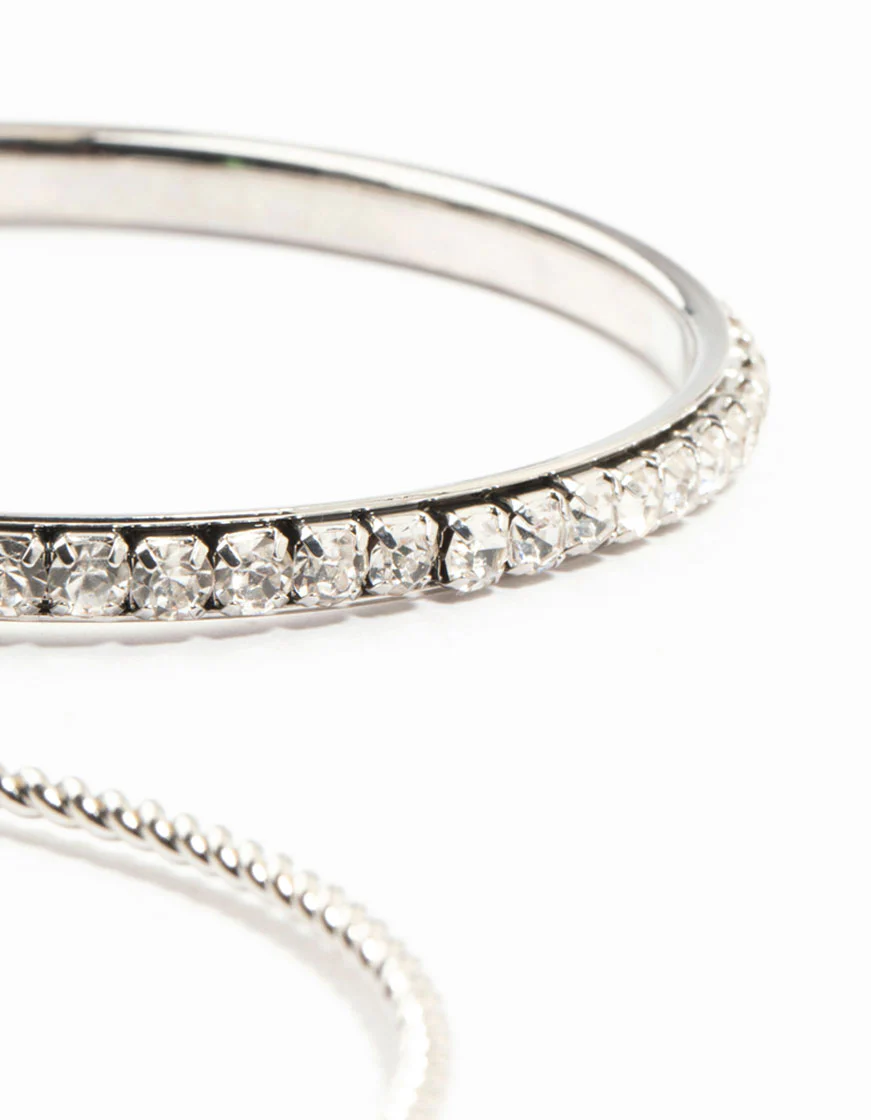 Silver Hammered Diamante Bangle & Stretch Bracelets 8-Pack - Image 2