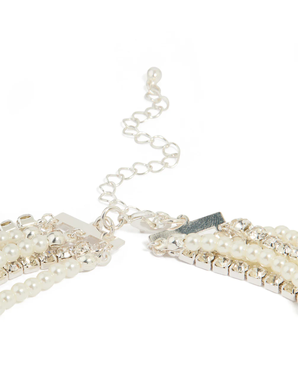 Silver Pearl Diamante Layered Choker Necklace - Image 3