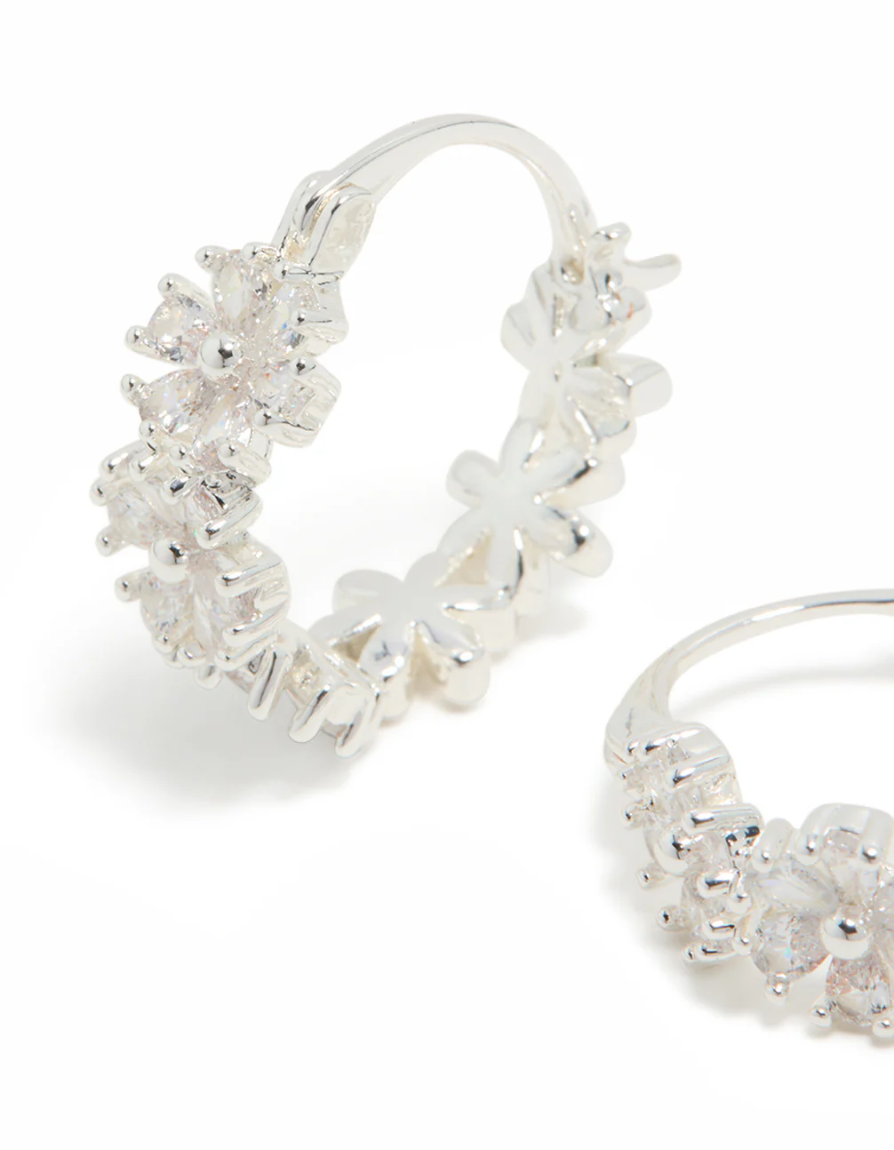 Silver Plated Cubic Zirconia Flower Huggie Earrings - Image 4