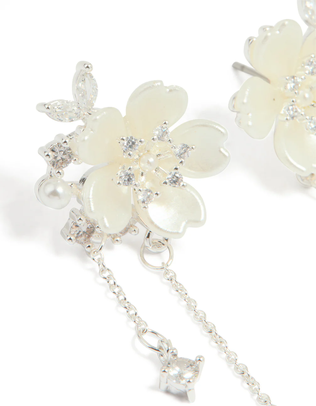 Silver Plated Cubic Zirconia & Pearl Flower Drop Earrings - Image 2