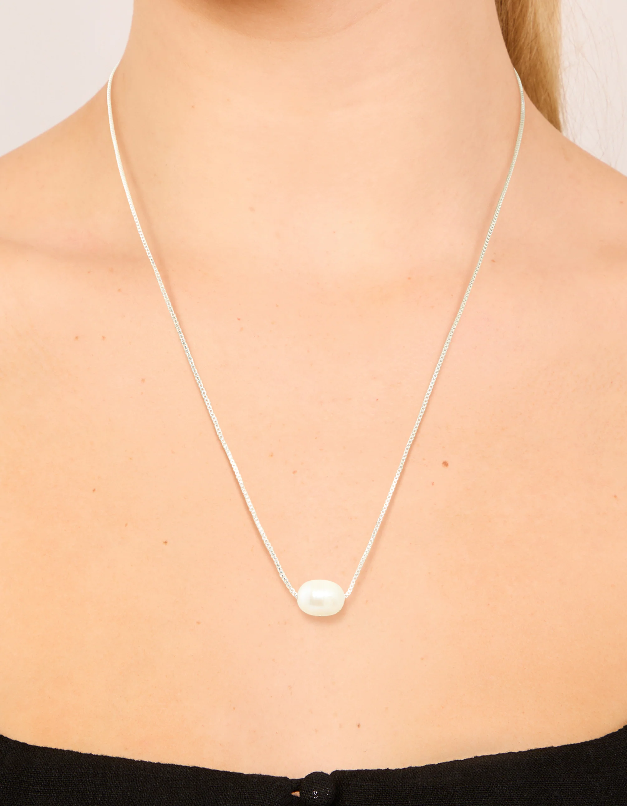 Silver Plated Freshwater Pearl Dainty Snake Chain Necklace - Image 2