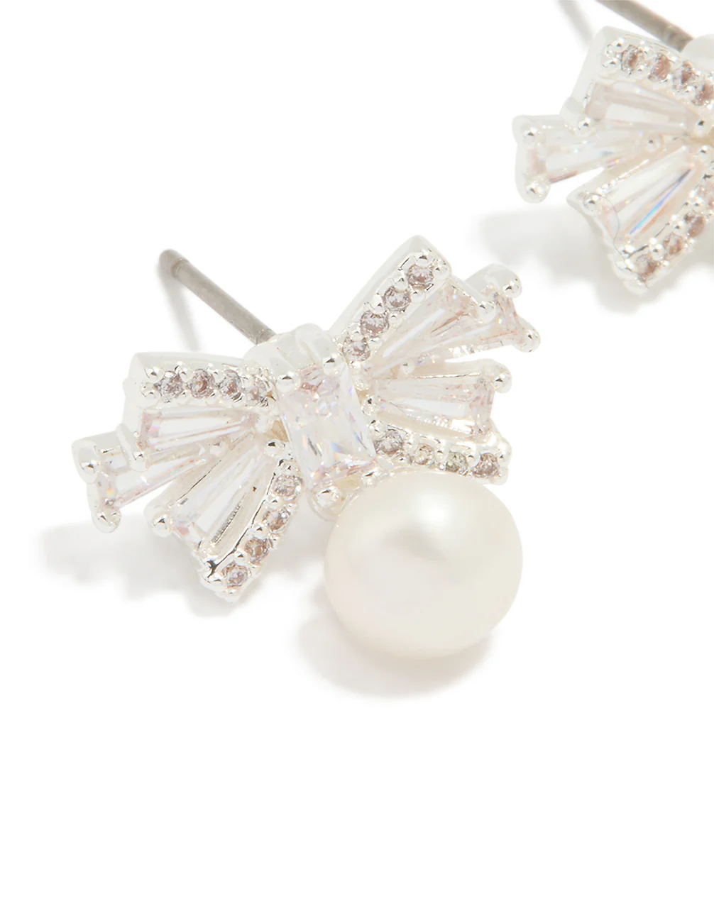 Silver Plated Pearl & Cubic Zirconia Bow Baguette Drop Earrings - Image 2