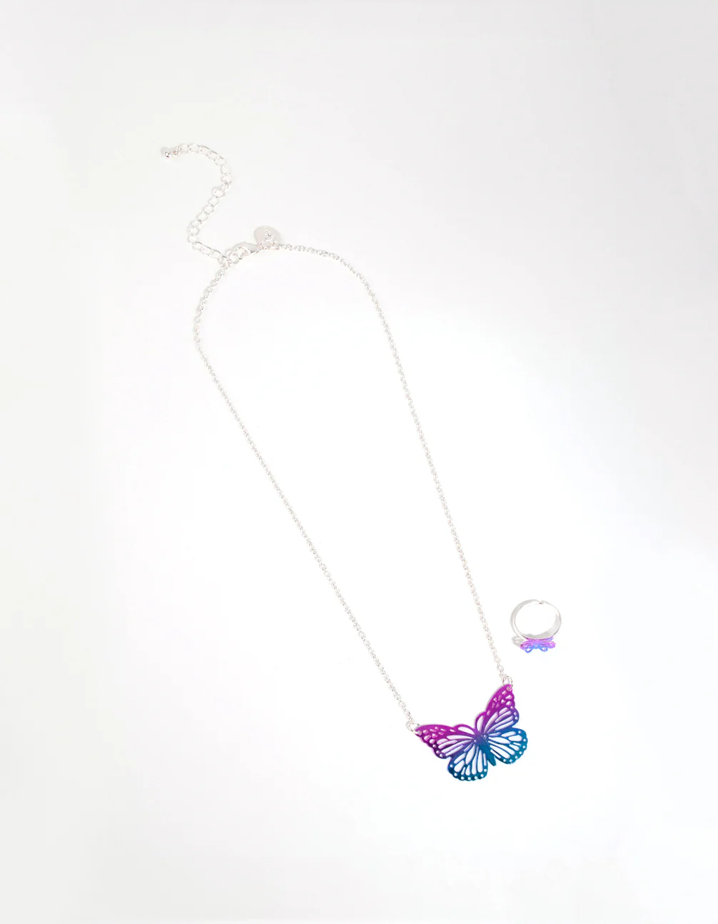 Kids Silver Butterfly Stamp Necklace & Ring Set - Image 2