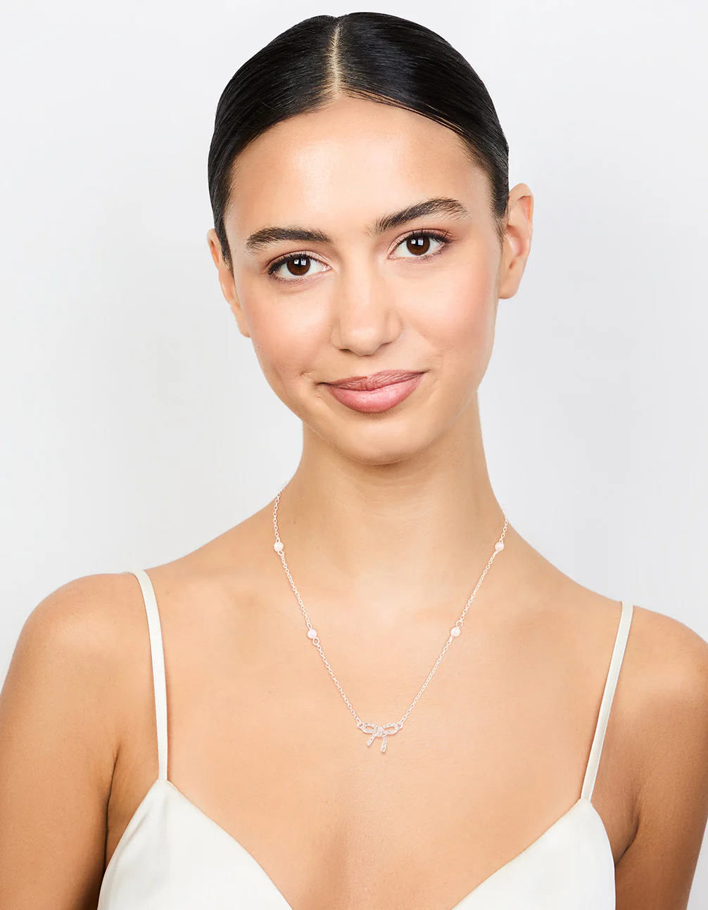 Silver Station Pearl Diamante Bow Necklace - Image 3