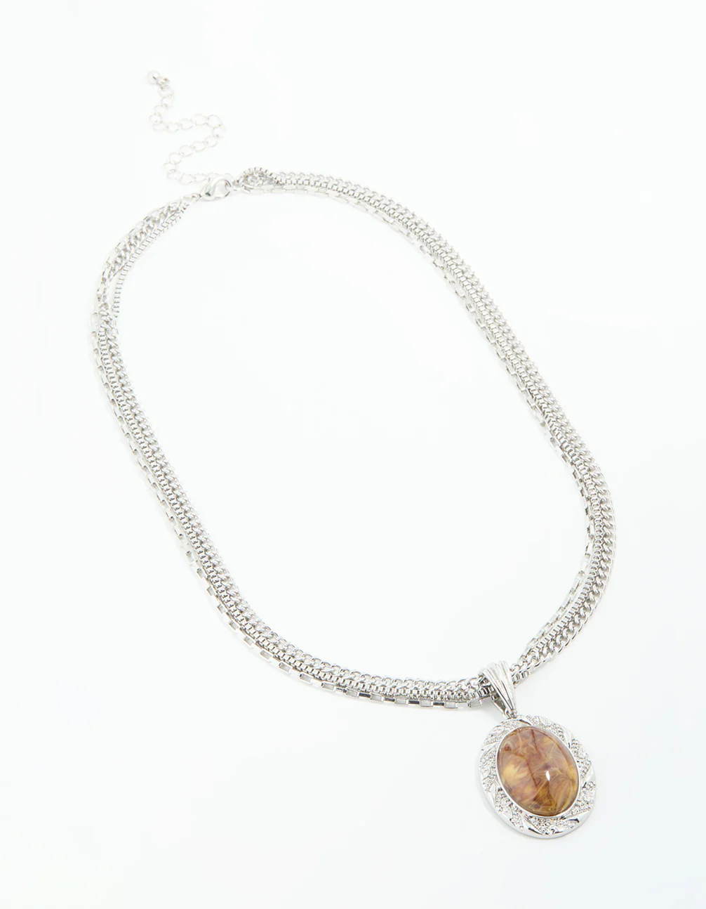 Silver Triple Chain Oval Pendant Necklace - Image 2