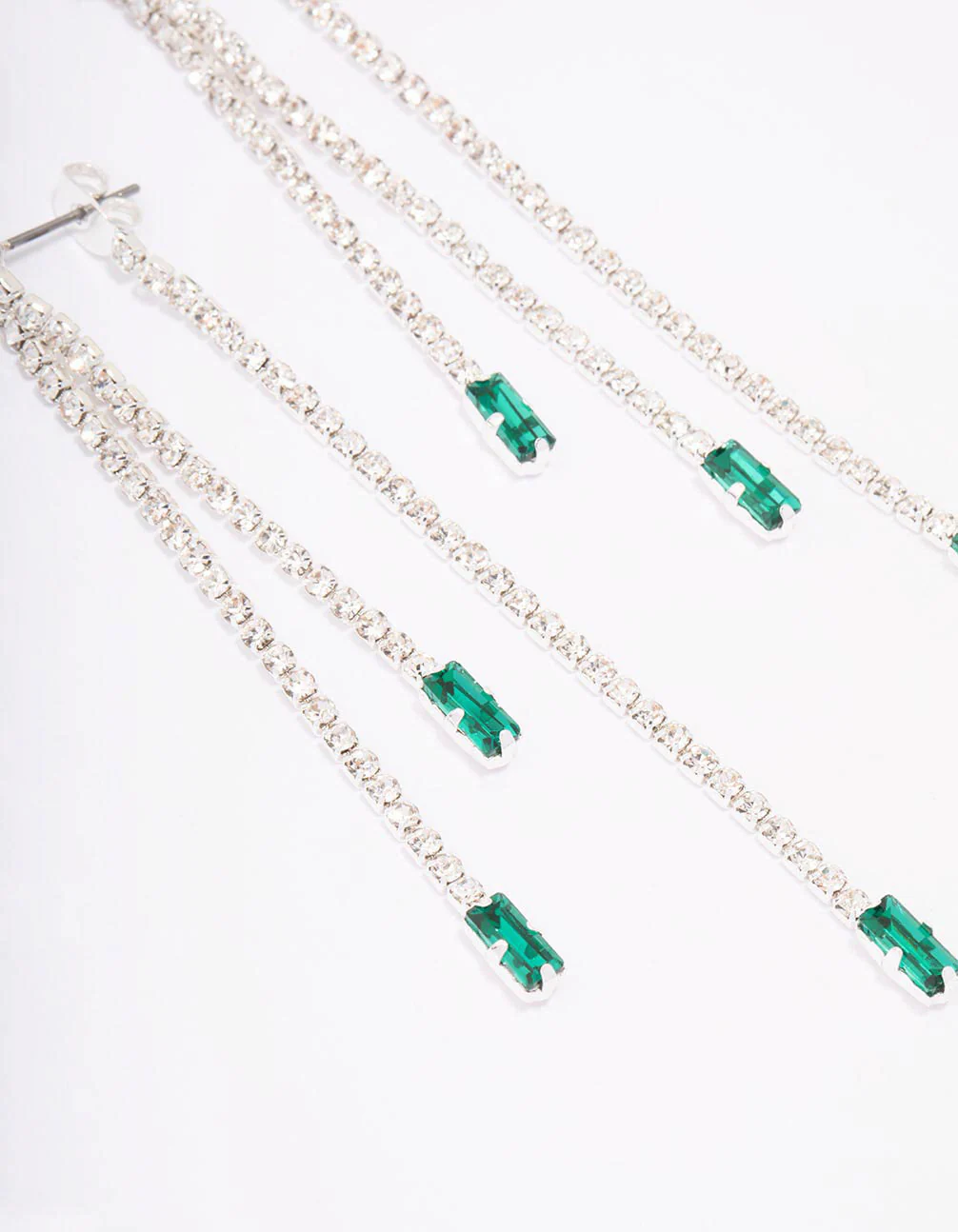 Silver Triple Row Emerald Cupchain Drop Earrings - Image 3