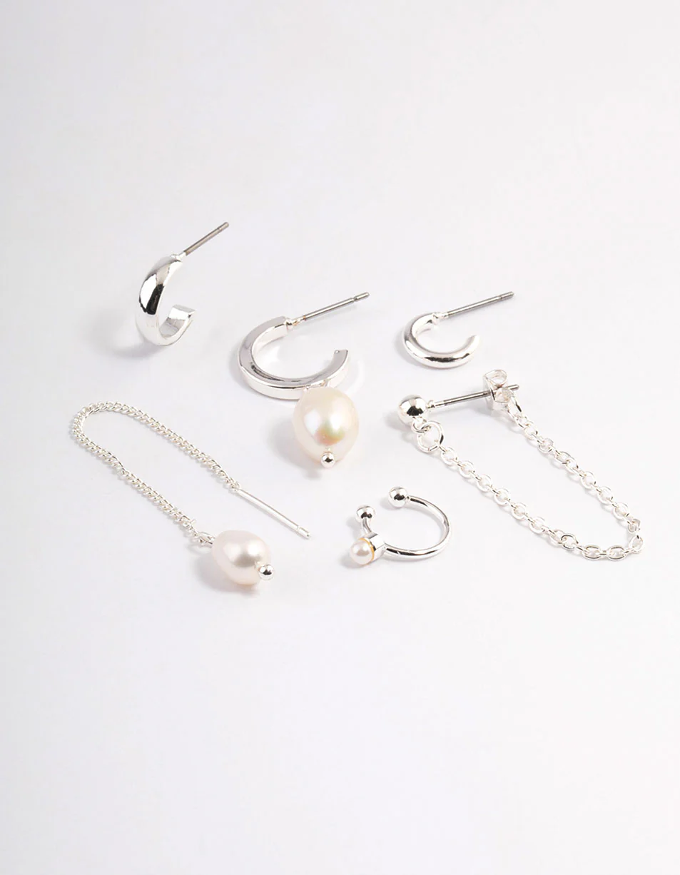 Silver Pearl Threader Stack Earrings
