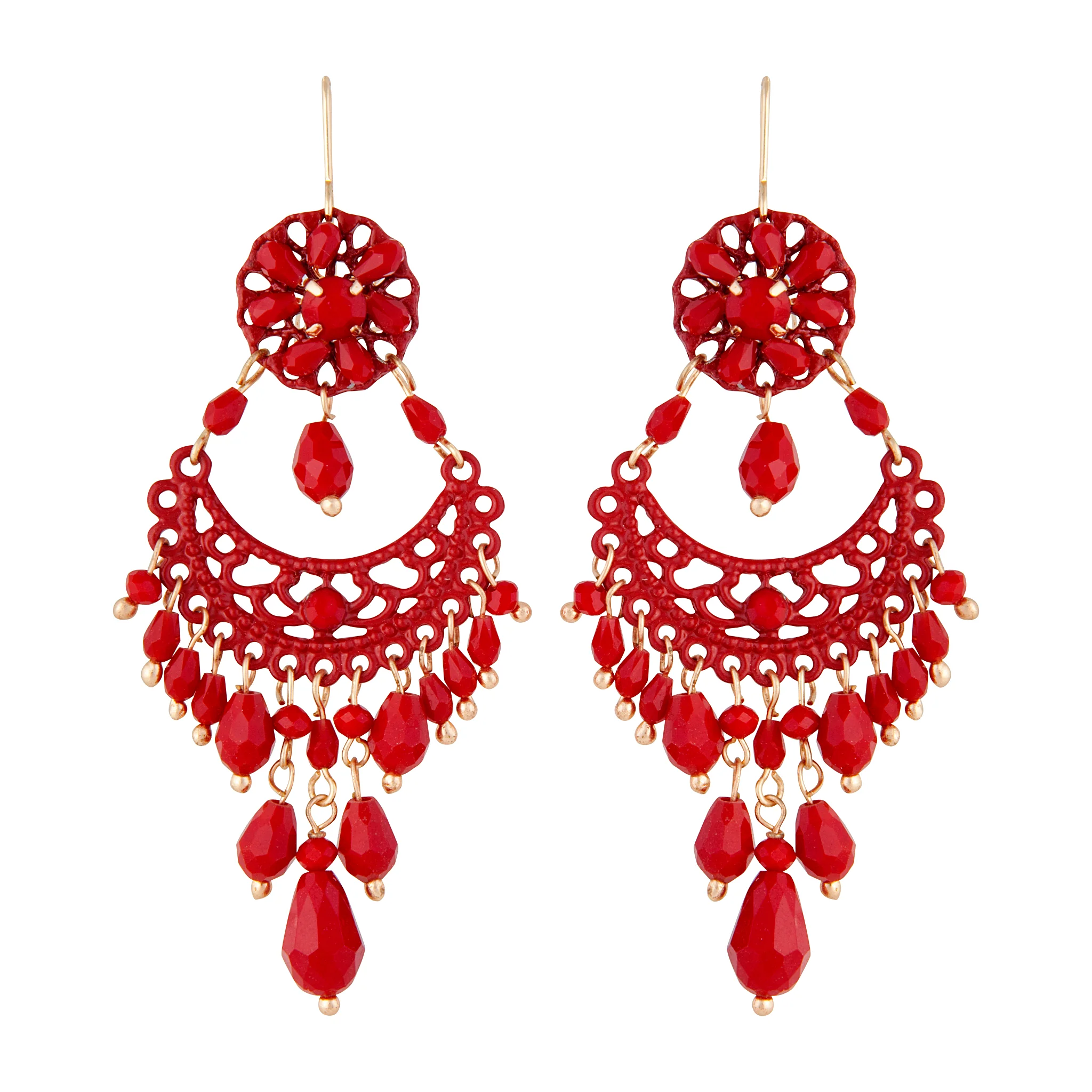 Red Beaded Chandelier Drop Earrings