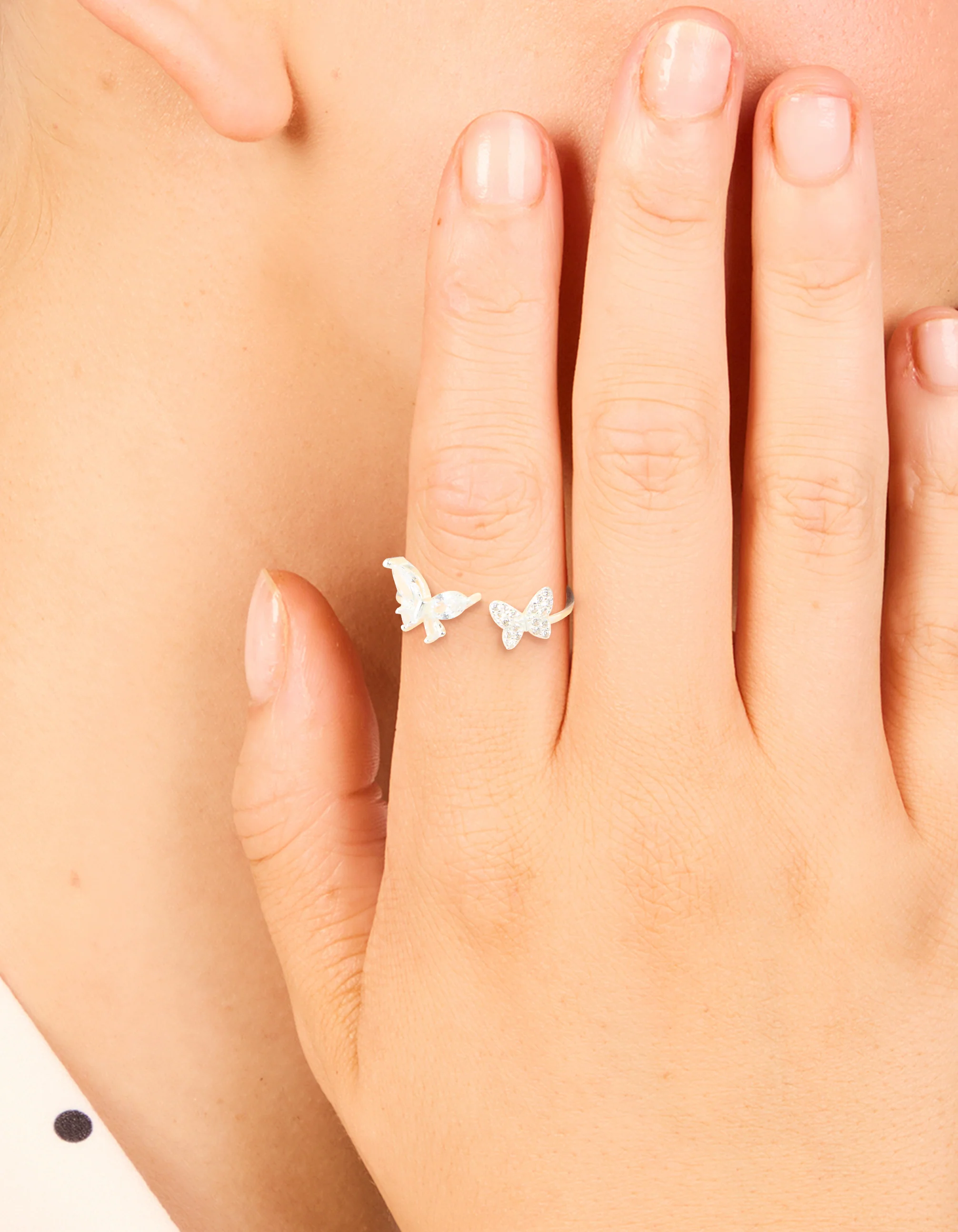 Sterling Silver Cubic Zirconia Adjustable Butterfly Ring - Image 2