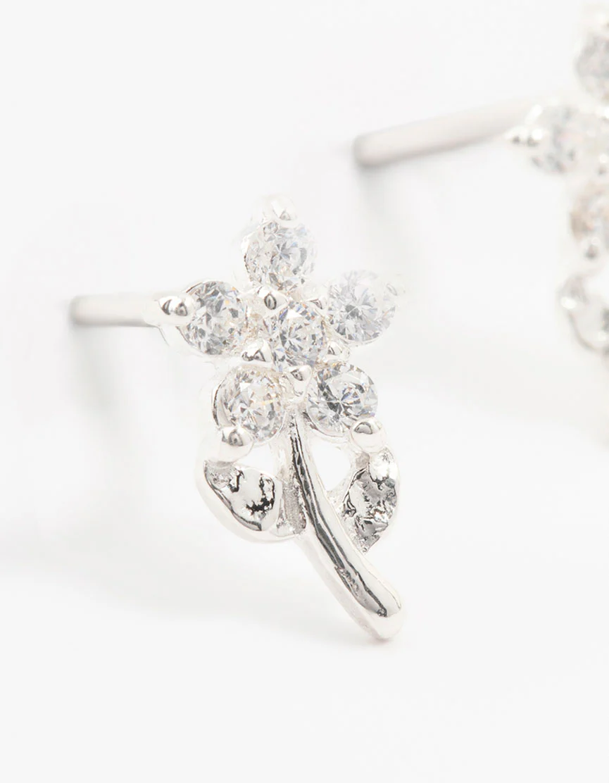 Sterling Silver Cubic Zirconia Flower Stem Earrings - Image 2