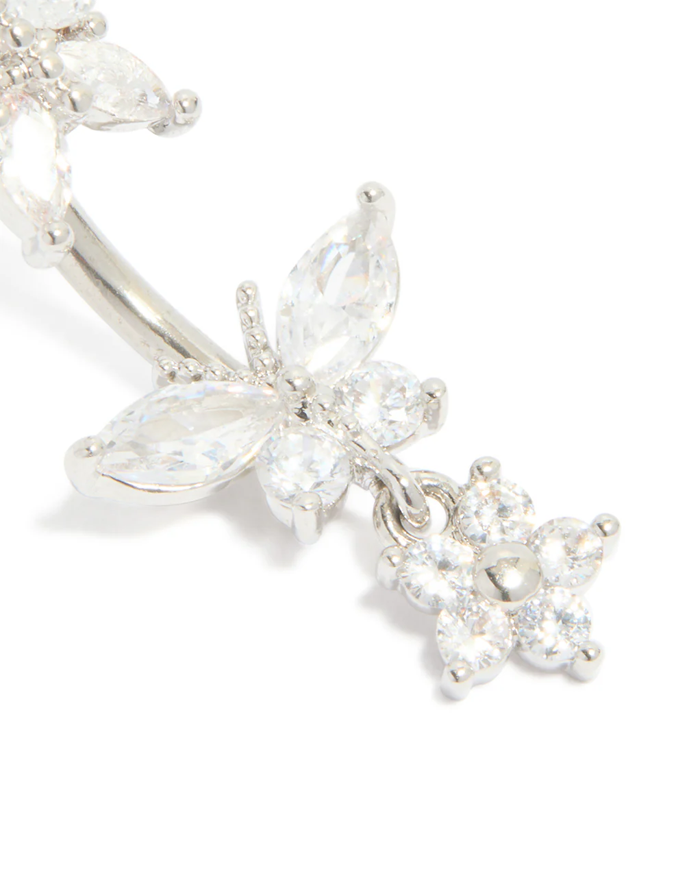 Surgical Steel Cubic Zirconia Butterflies & Flower Drop Belly Bar - Image 2