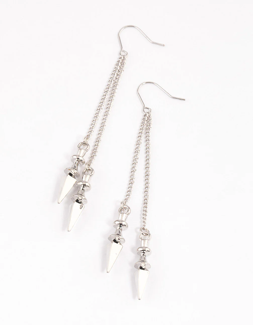 Silver Double Row Chain Spike Drop Earrings