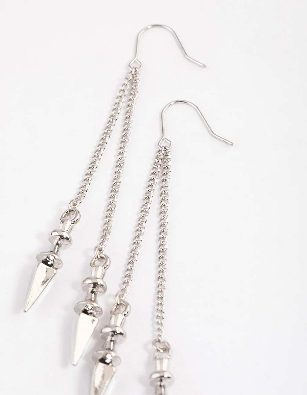 Silver Double Row Chain Spike Drop Earrings - Image 2