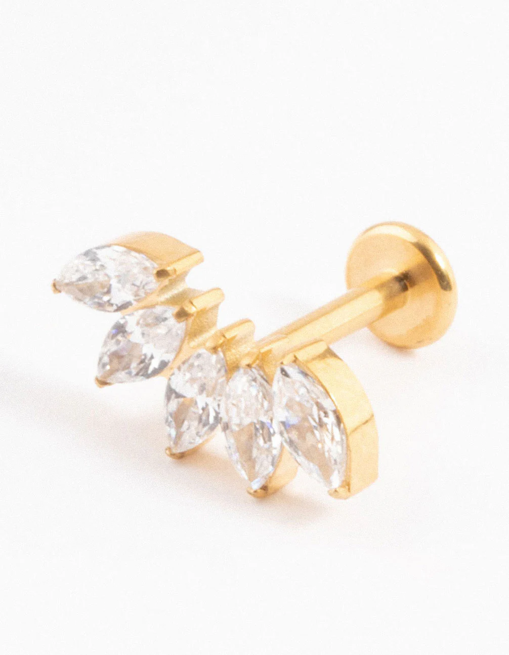 Gold Plated Titanium Cubic Zirconia Marquise Threadless Single Flat Back Stud