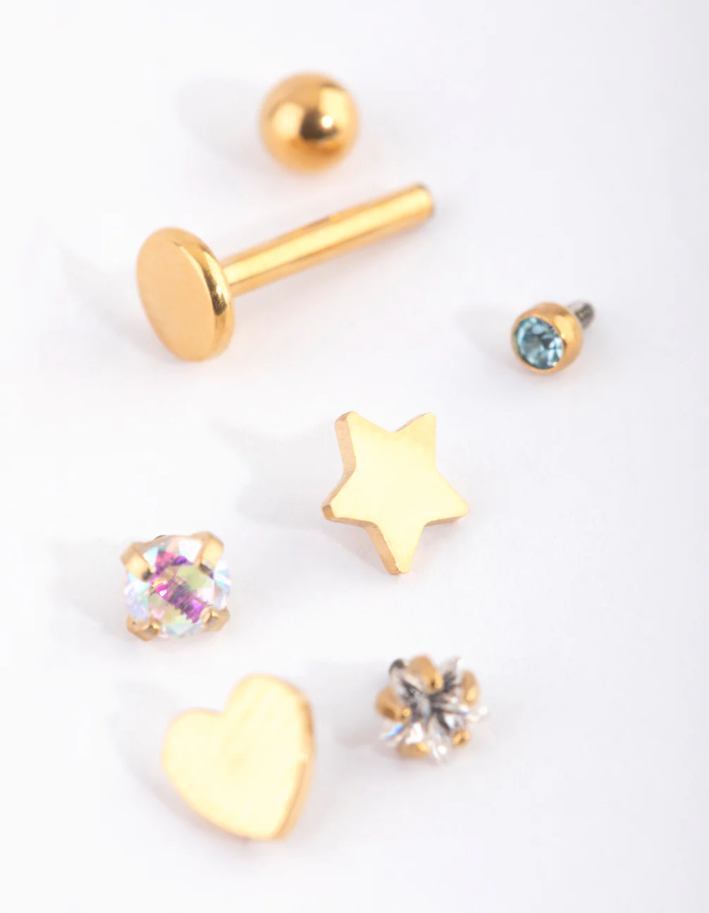 Gold Plated Titanium Single Flat Back Bar & Mixed Motif Interchangeable Ends 6-Pack - Image 3