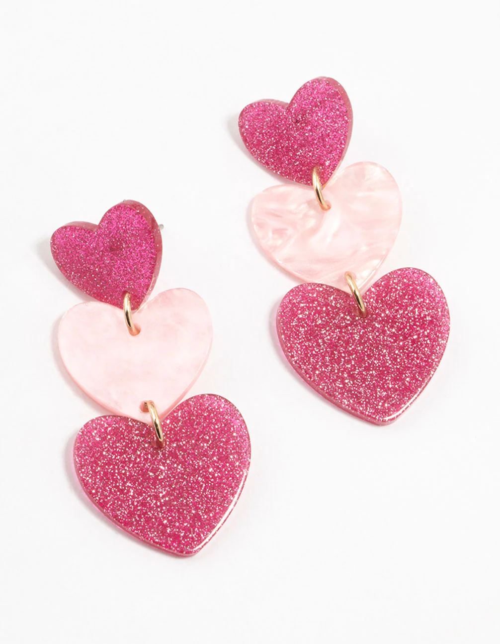Triple Pink Acrylic Glitter Heart Drop Earrings - Image 2
